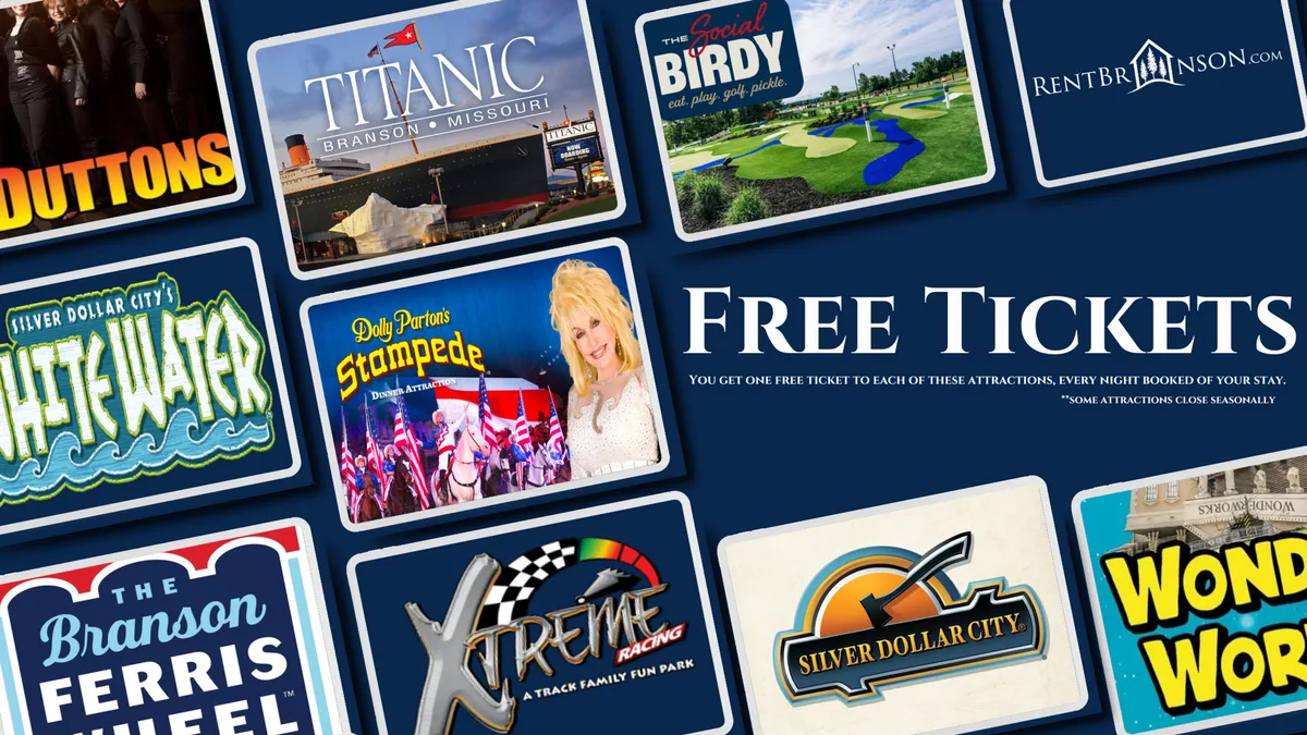 An interior promotional image highlighting the 'Free Tickets' text alongside various logos for local attractions and entertainment in Branson. The design is vibrant and inviting, suggesting easy access to exciting local experiences.
